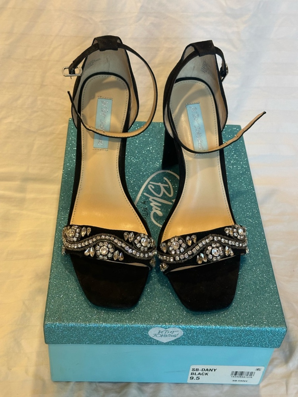Blue by Betsey Johnson Black Crystal-Embellished Ankle-Strap Heels